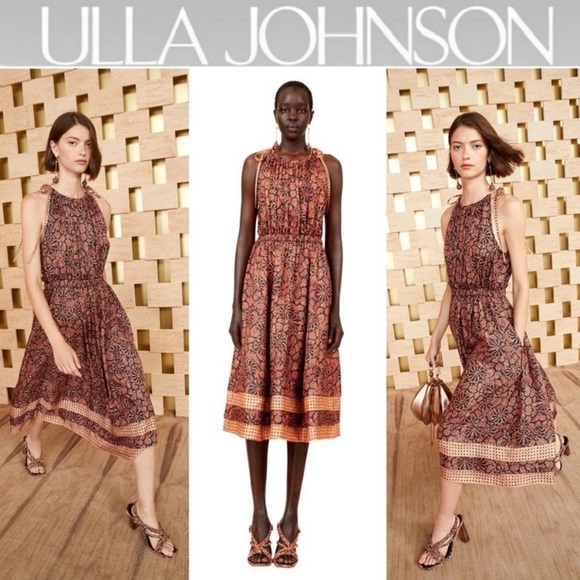 ULLA JOHNSON Mika Print Halter Neck Silk Midi Dress Size 0 $730 Tie Shoulders